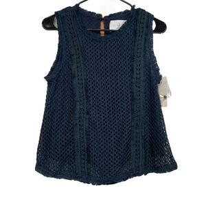 J by J.O.A Navy Blue Fishnet Fringe Sleeveless‎ Blouse Size S